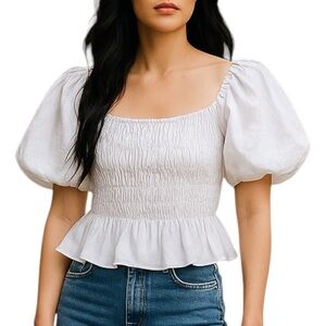 ASTR The Label Puff Sleeve Smocked Top White Size Medium
